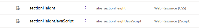 Dynamics 365 solution web resources list showing the CSS file ahe_sectionHeight and the JavaScript file both added as web resources
