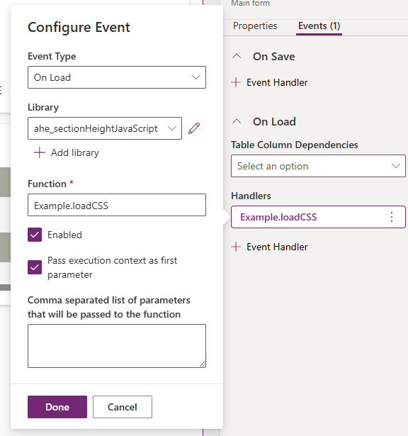 Model Driven App form event handler settings showing the JavaScript file added as an On Load event with the function name set to Example.loadCSS
